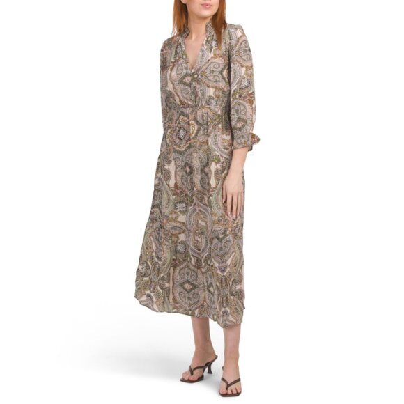 ELAN Beige Paisley Three-quarter Sleeve Printed V-neck Midi Dress
